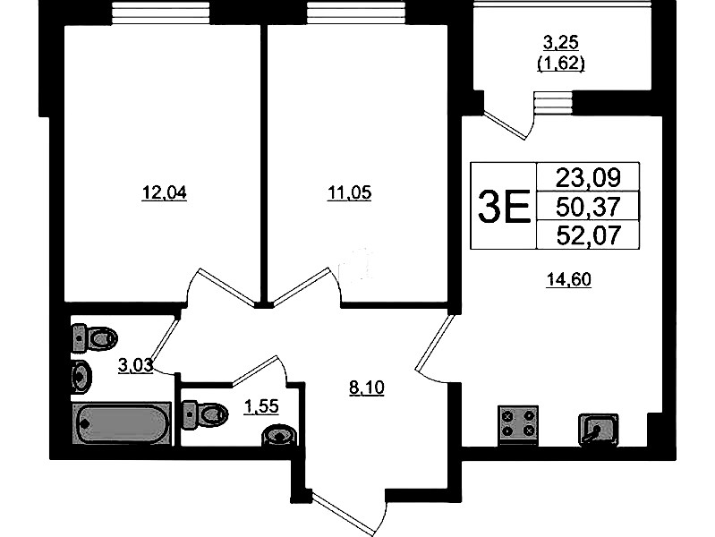 2-комнатная квартира 52.07 м², 13/17 эт., ЖК «Стороны Света 2»